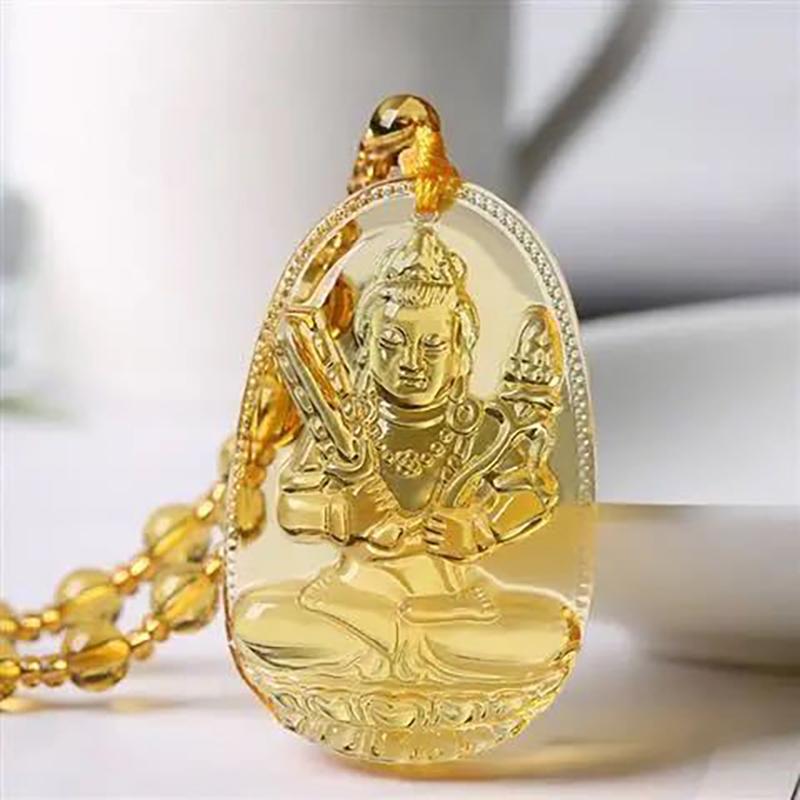 Yellow Crystal Necklace Long Sweater Chain Manjushri Pendant Amitabha Pendant Unisex Gift