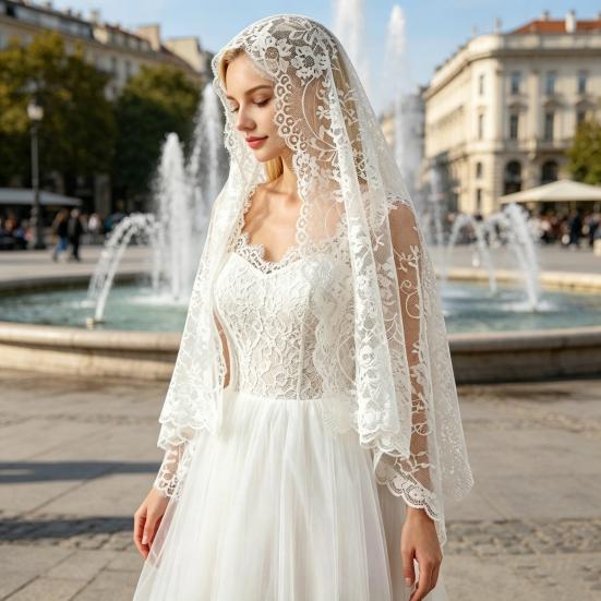 Lace Veil Mid-Length Shawl with Exquisite Lace Binding Elegant Head Scarf for Bridal Gothic Halloween Lolita Dress Matching