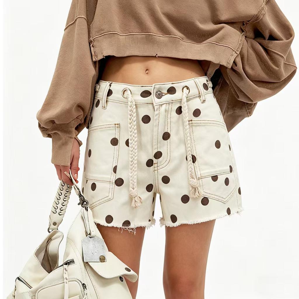 Women's Mid Rise Polka Dot Denim Shorts Fringe Hem Drawstring Casual Bermuda Shorts