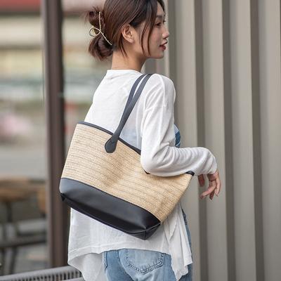Casual and Fashionable Straw-woven Contrasting Color Splicing Tote Women's Bag, a New Large-capacity Light Luxury Women's Bag.
