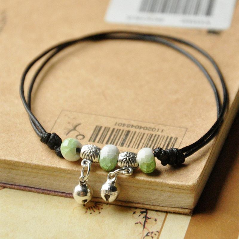 Blue Ceramic Brown Rope Anklet Women Girls Hand-Woven Beaded  Jewelry