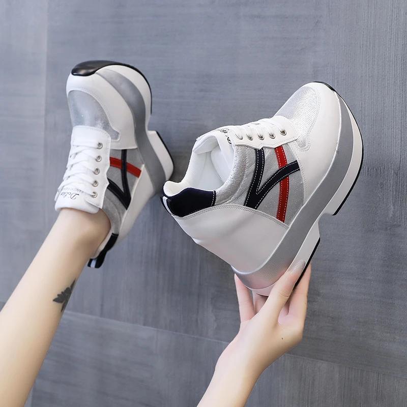 Fashion Autumn Women High Platform Shoes Height Increasing Casual Shoes 12 CM Thick Sole Trainers Breathable Shoes Women Sneakers