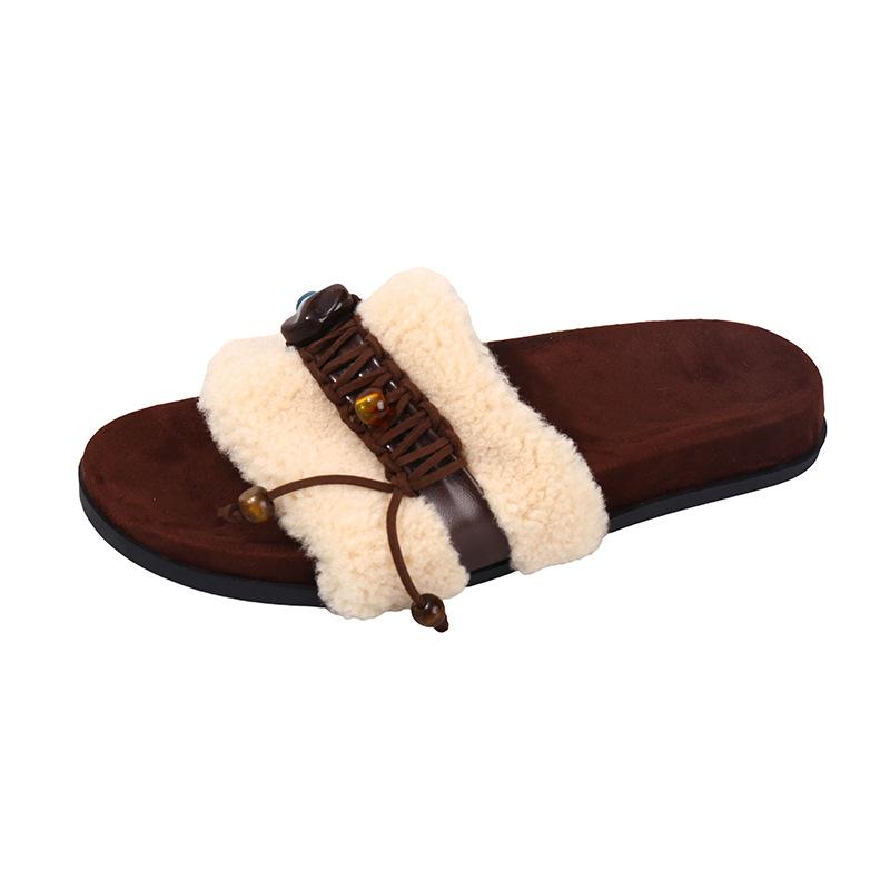 Niche Design Thick-bottomed Cotton Slippers Women's Outer Wear 2025 Autumn and Winter New Retro French Woven Plush Mop