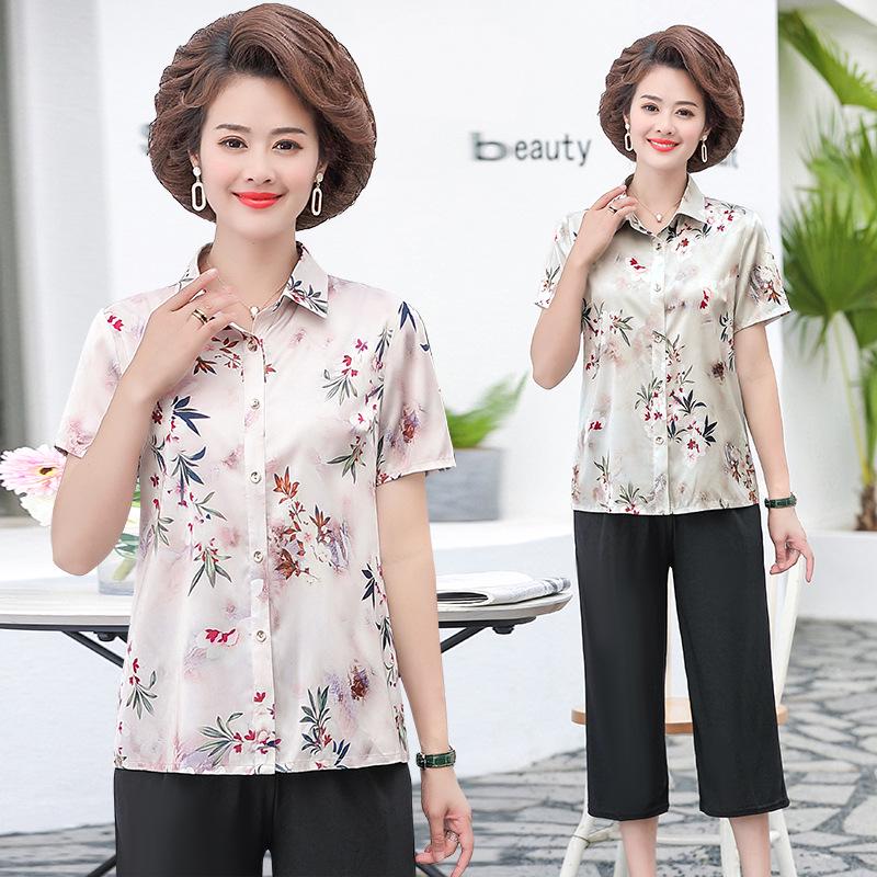 Summer Silk Cardigan Shirt: Elegant Short-Sleeve for Middle-aged and Elderly Women