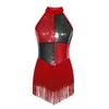Womens Latin Dance Costume Sleeveless Backless Color Block Design Shiny Sequins Tassels Leotard