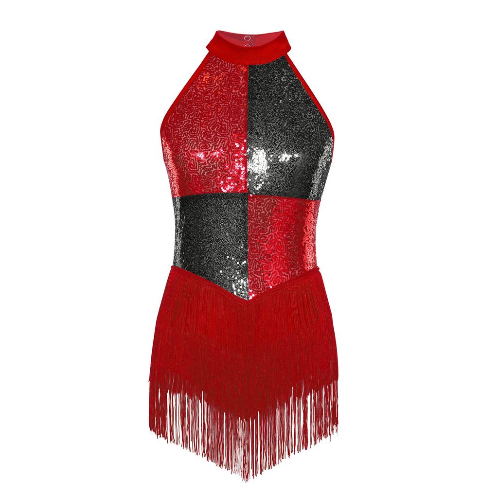 Womens Latin Dance Costume Sleeveless Backless Color Block Design Shiny Sequins Tassels Leotard