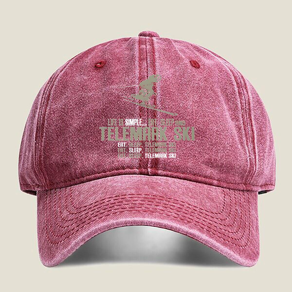 Telemark Ski Art LIFE IS SIMPLE with Skier in Minimalist Design Washed Baseball Cap One Size