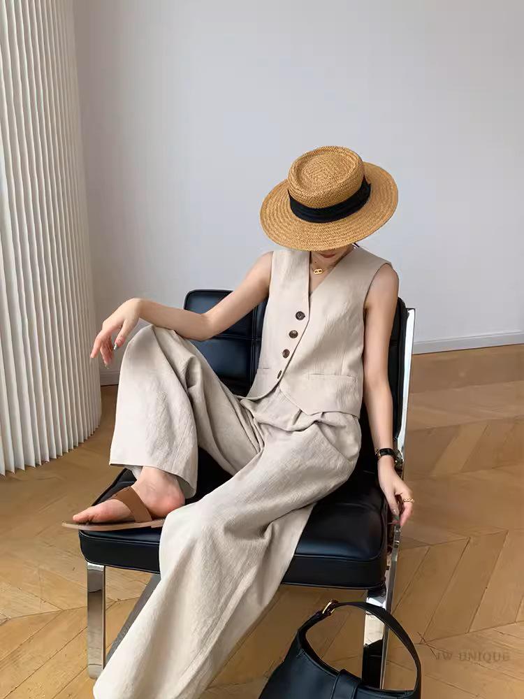 

JWUNQUE Женский летний комплект 2024 без рукавов: жилет и брюки палаццо XL