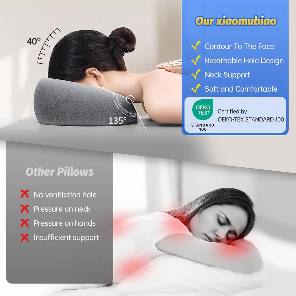 Ergonomics Lying Face Down Pillow Memory Foam Breathable Head Rest Support Pillow Body Massage for Beauty Salon Removable Cover Grey