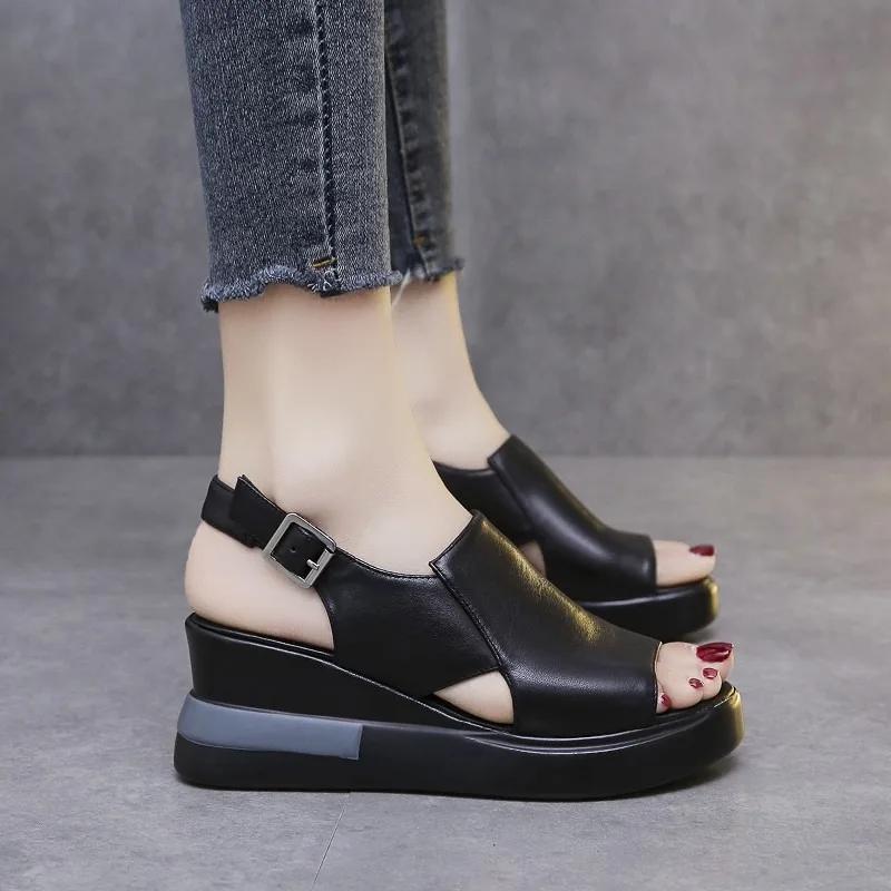 

Fashion 2025 New Ladies Shoes Peep Toe Women s Sandals Fashion Buckle Strap Casual Sandals Women Summer Plus Size Wedge Sandals Zapatos 42 чёрный