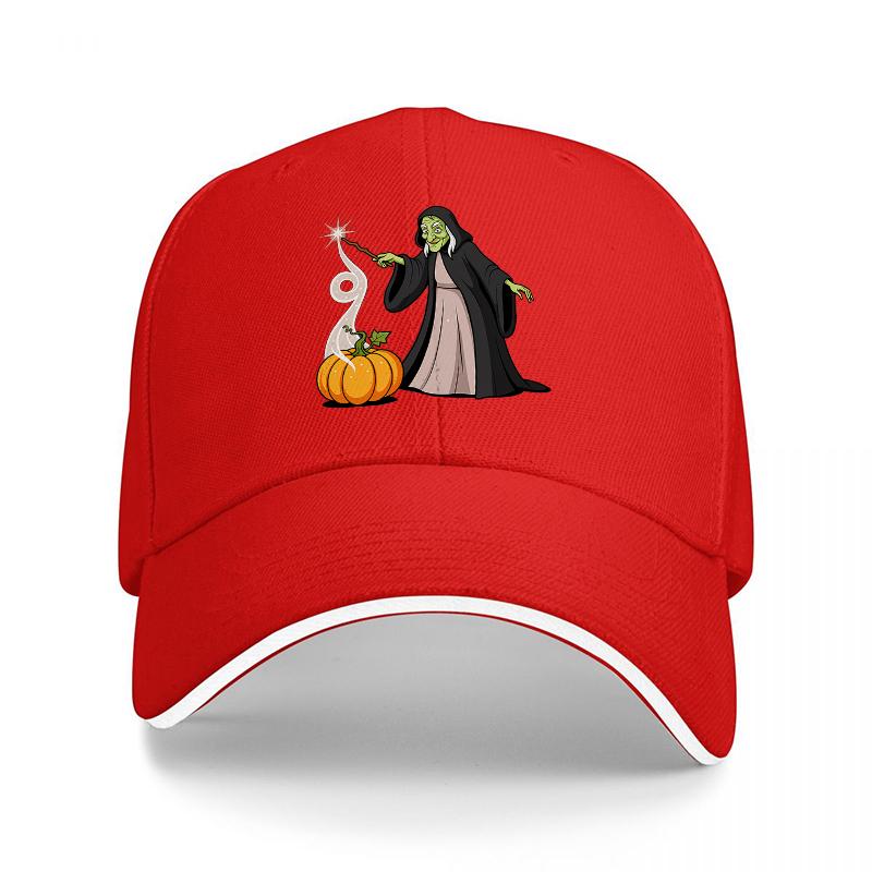 Witch and Pumpkin Halloween Baseball Cap Black Embroidered Design Magic Wand Autumn Theme Adjustable Hat for Adults
