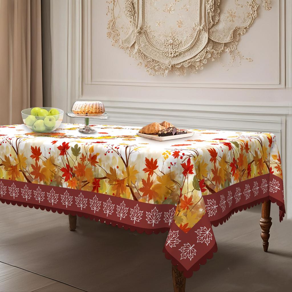 European Pastoral Table Cloth, Pumpkin + Maple Leaf Printing, Rectangular/Round/Multi-Specification Suitable Tablecloth