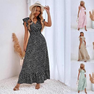 2025 European and American Women's V-Neck Waist-Hugging Ruffle Spring/Summer Long Dress