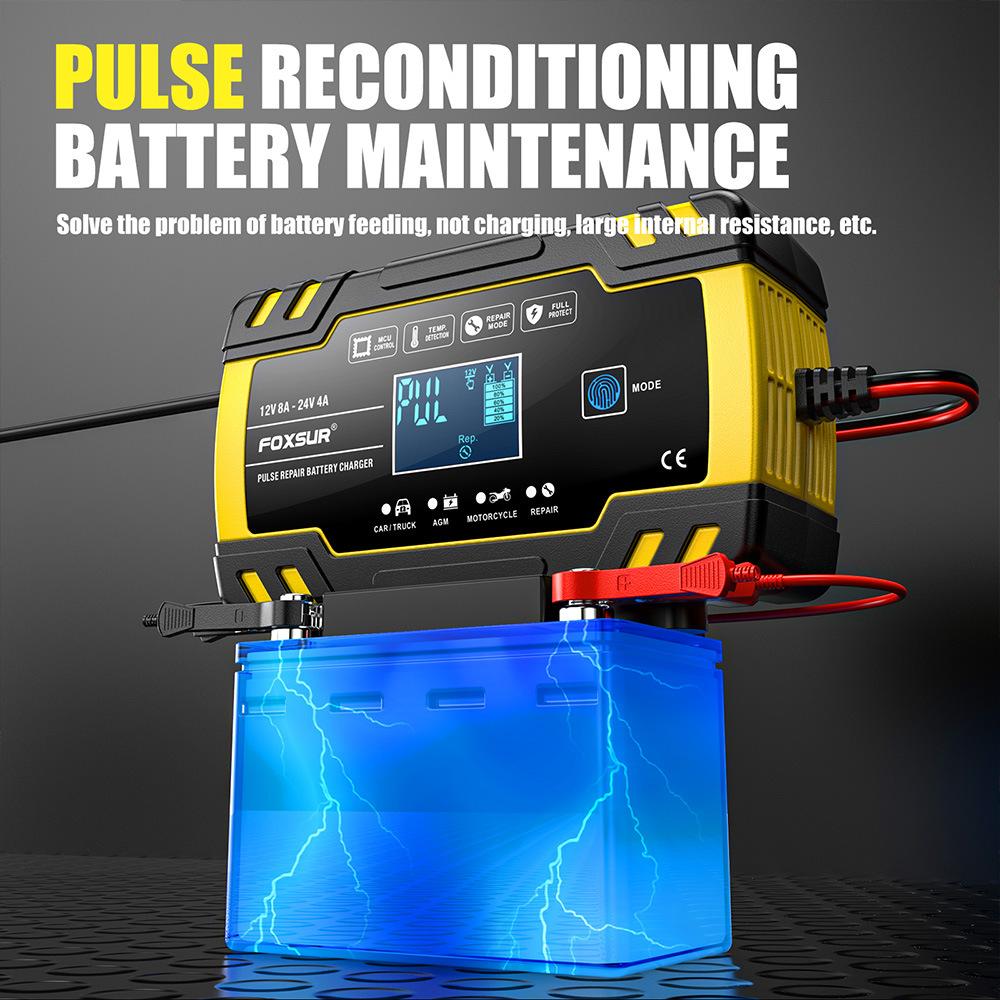 Smart Car Battery Charger for 12V 4A / 24V 8A Truck Motocycle RVs Boat AGM Gel Lead Acid Batteries with Pulse Repair LCD