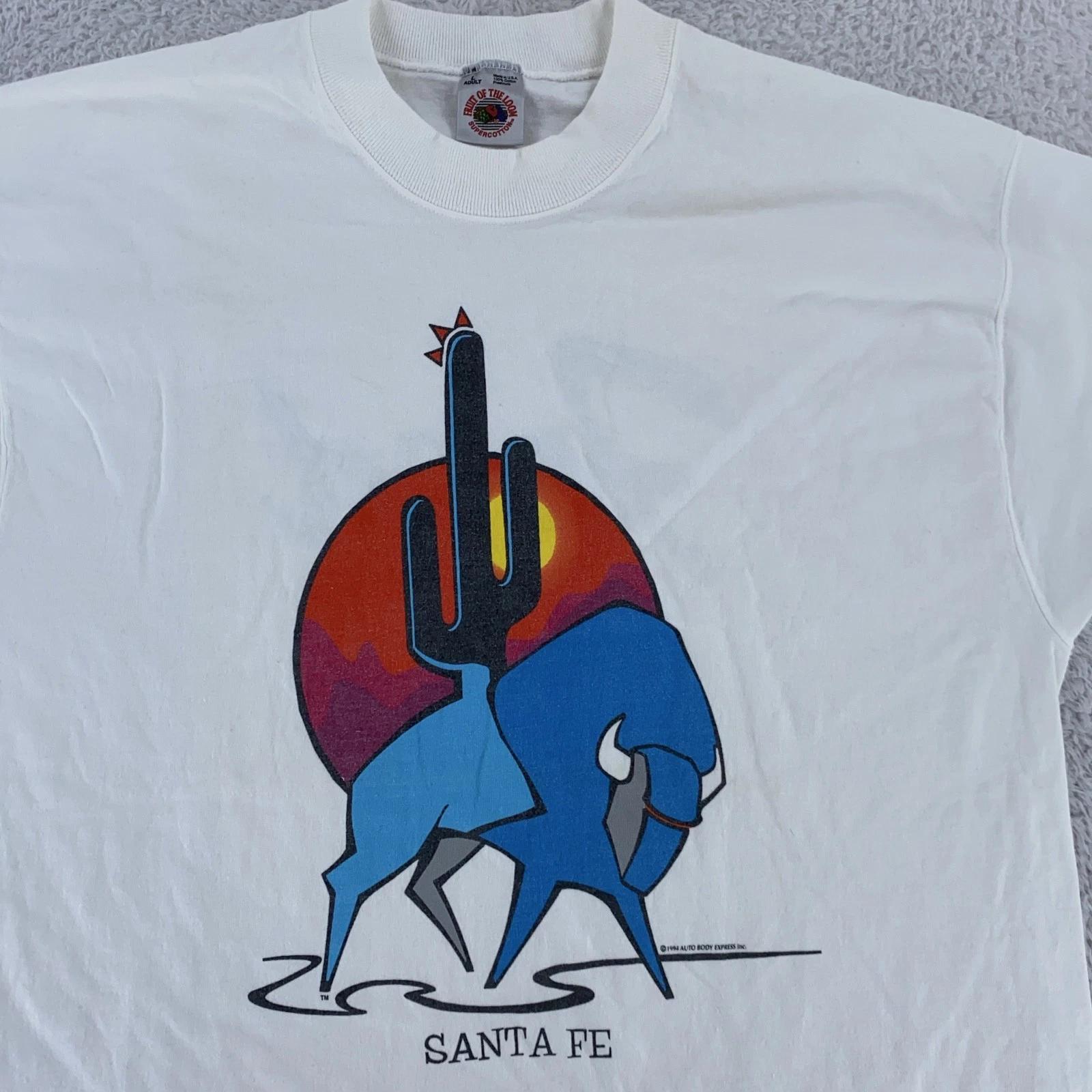 Винтажная рубашка Санта-Фе, Нью-Мексико, размер M/L, белая, Юго-Запад, бизон, кактус, Фред Имус, 90-е, США 2XL