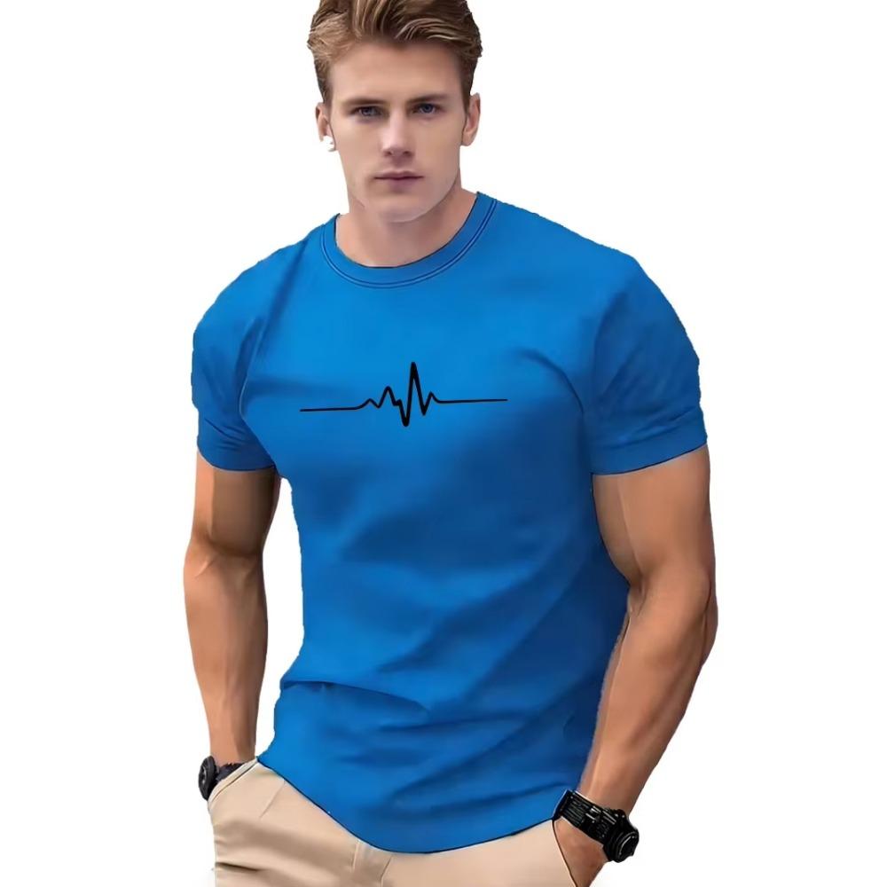 Fashionable Men's Summer Electrocardiogram Printed Comfortable and Breathable Round Neck T-shirt Outdoor Casual Top