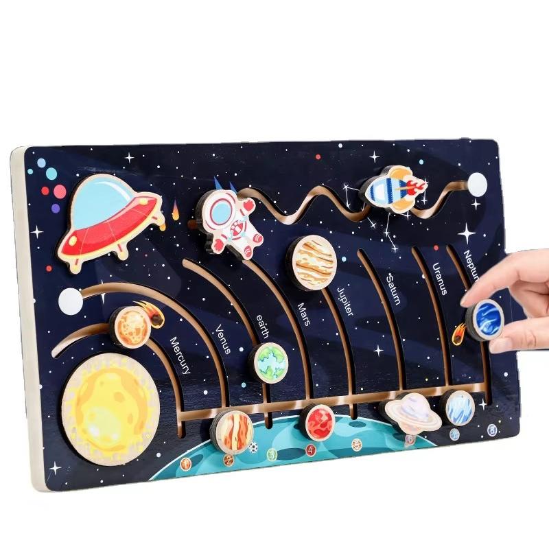 Holz-Bewegliches Sonnensystem-Puzzle für Baby Montessori Planeten Spielzeug Weltraum-Puzzles Aktivität Lernspielzeug für Kinder 2 3 4 J
