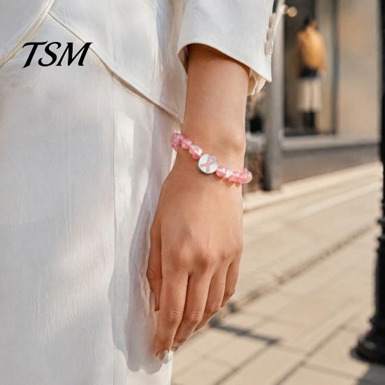 Durable Alloy Ribbon Wrist Jewelry Breast Cancer Awareness Bracelets, Charm Beads Elastic Beaded Bracelet for Women Bracelet, Encouragement