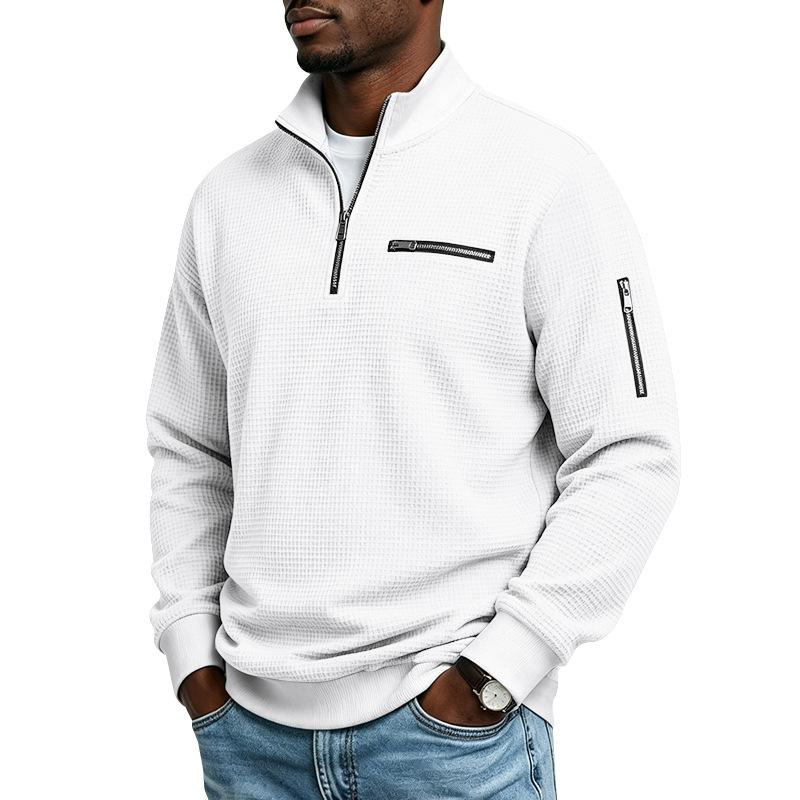 Men's Waffle Textured Half Zip Sweatshirt Stand Collar Long Sleeve Casual Pullover