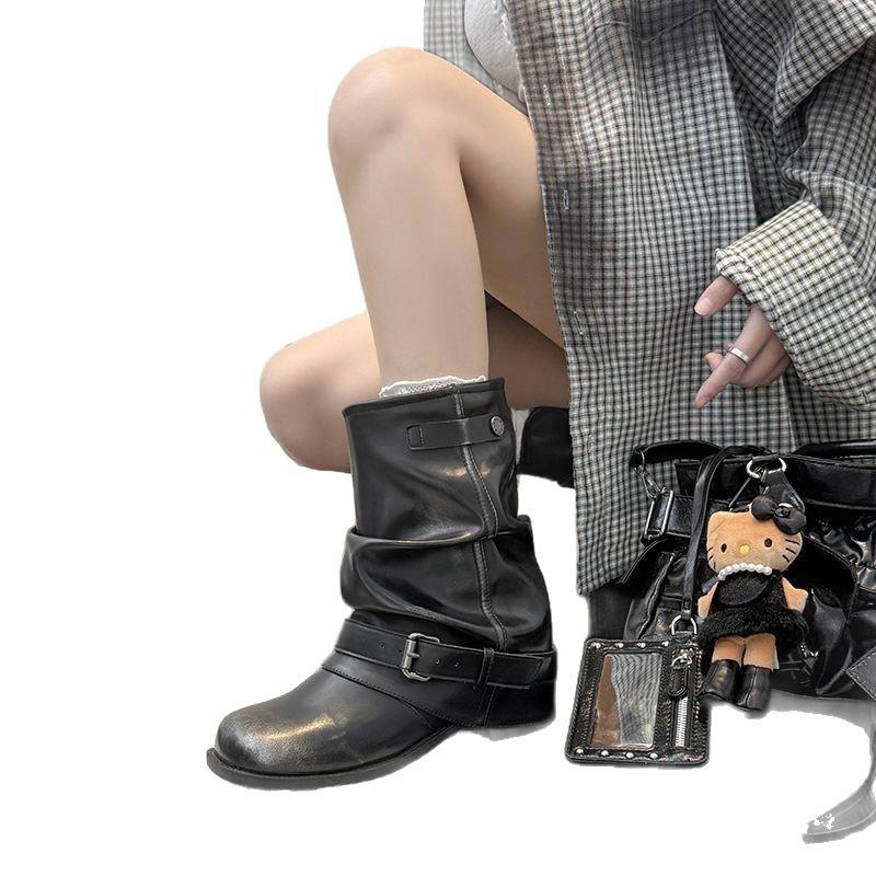 Korean version of western jeans tube short boots women's pleated pile black polished round head retro casual knight Martin boots women