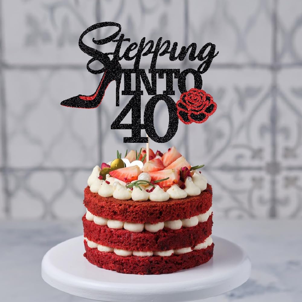 Stepping Into 40 Cake Topper,Still Fabulous at 40 Cake Decor,Funny Happy 40th Birthday Party Supplies,Highheel Rose Sign Cheers to 40 Years Black Red