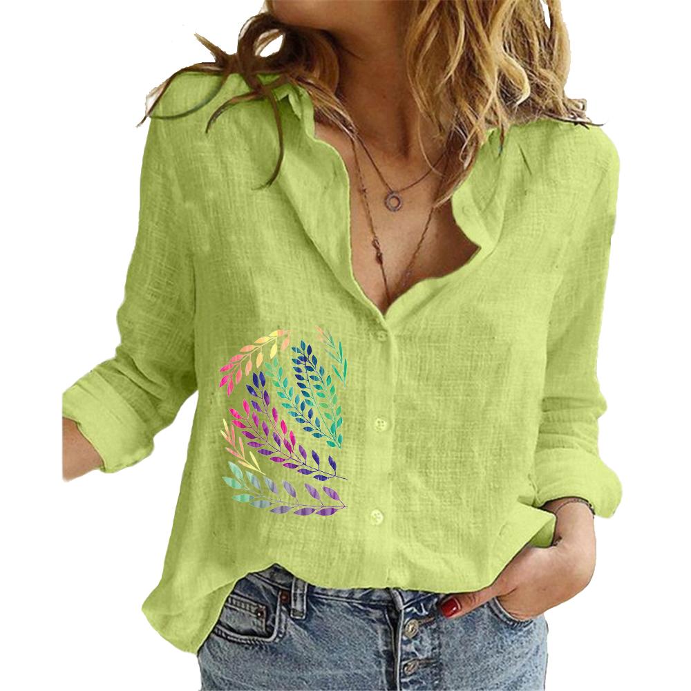 Women  Fashion Long Sleeve Top Cotton Linen Button-up Shirt Ladies Casual Print Blouses