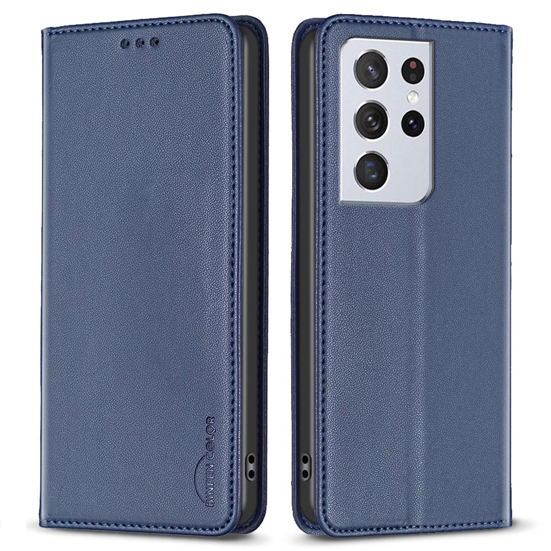 

BINFEN COLOR BF18 Leather Phone Case for Samsung Galaxy S21 Ultra 5G Phone Cover with Stand Card Holder Blue