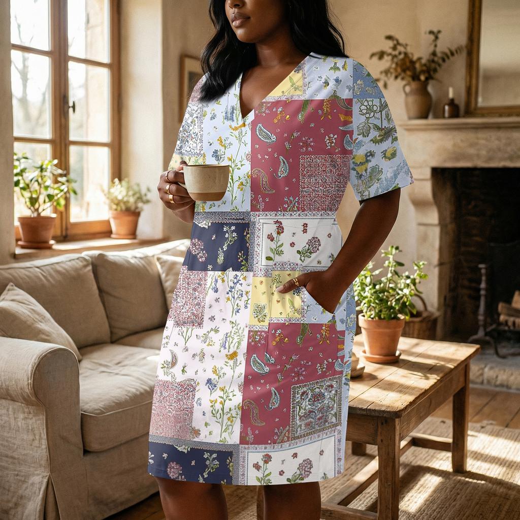 Summer Plus Size V Neck Short Sleeve Knee Pocket Print Casual Dress For Women