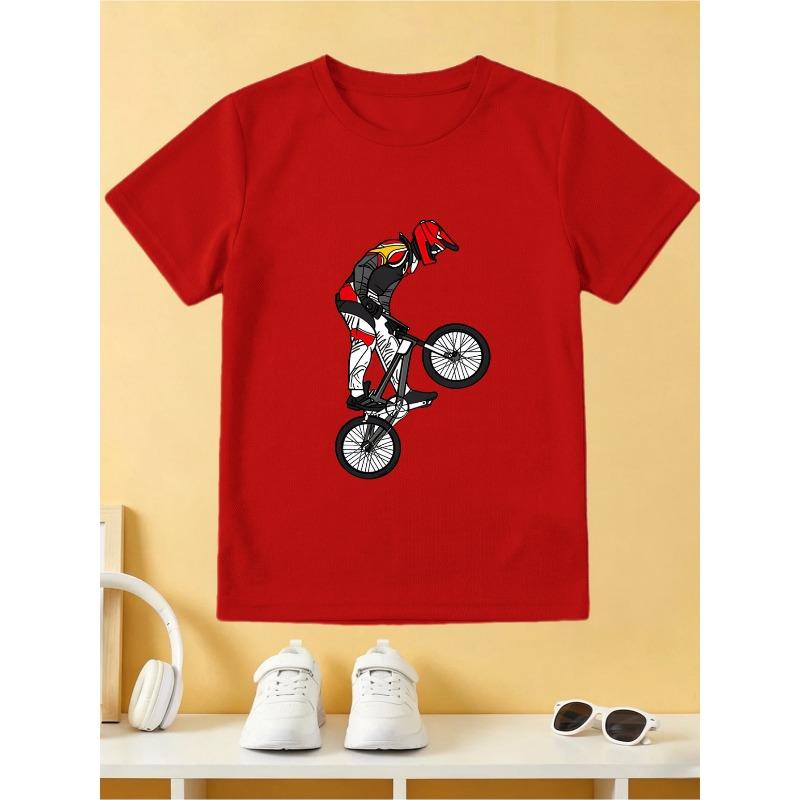 European sizes Boys Crew Neck Short Sleeve T-Shirt, Casual Breathable Tee, Bike Rider Graphic Print, Comfortable Kids Top, Summer Daily Wear