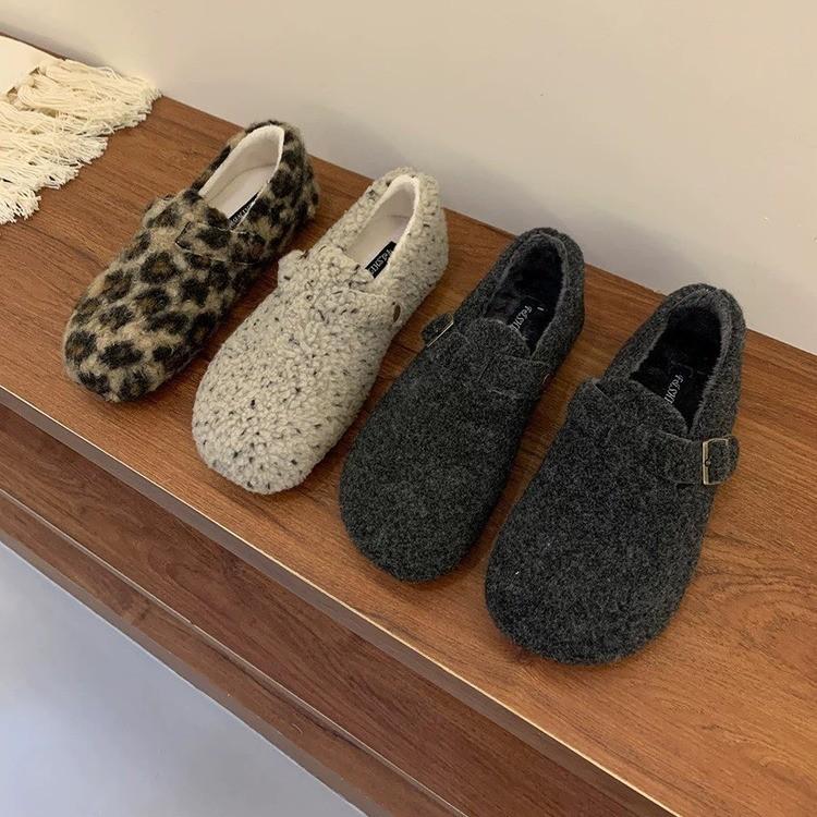Leopard Print Mary Jane Fluffy Shoes Women's Winter 2025 New Ugly Cute Bread Cotton Shoes Velcro Flat Plush Single Shoes