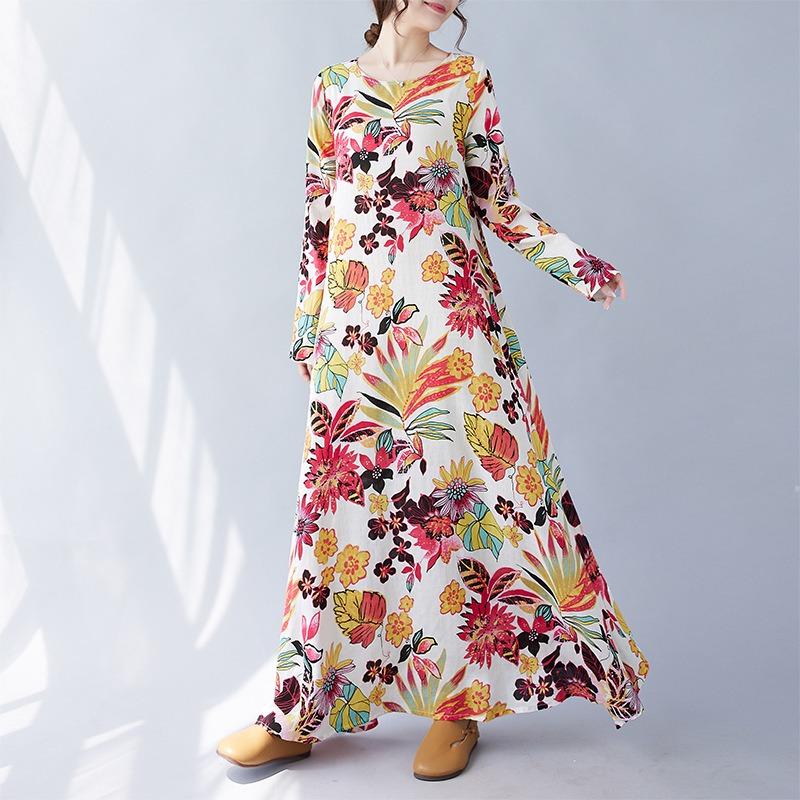 Real spring new literary large size loose printing round neck long sleeve dress women's long dress