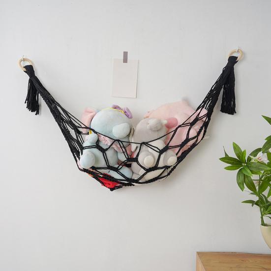 Woven Cotton Toy Net, Boho Wall Hanging Organizer, Handmade Storage Hammock for Stuffed Animals, Kids Room Nursery Decor