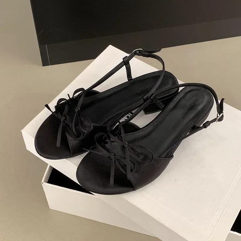 

Fashion Fashion Bowknot Shallow Low Heel Sandals Women Summer Sexy Open Toe Back Strap Buckle Designer Shoes Elegant Banquet Dress Shoes 35 чёрный