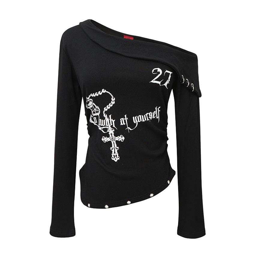 

Women s Off-Shoulder Long-Sleeve Dark Cross Rivet T-Shirt - Slim, Flattering, Cool & Spicy Style Large чёрный
