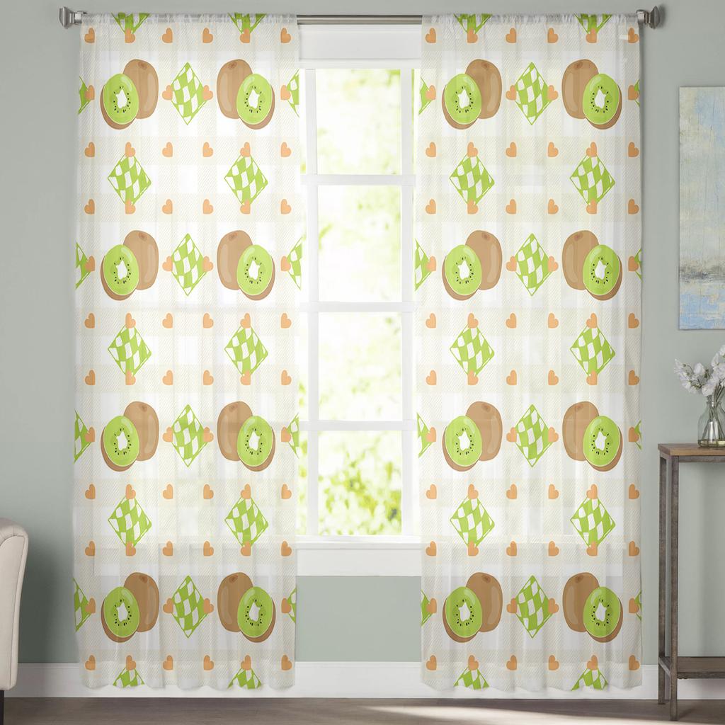 Ovocné kiwi kostkované průhledné závěsy do obývacího pokoje, dětského pokoje, závěsy na ošetření oken tylu