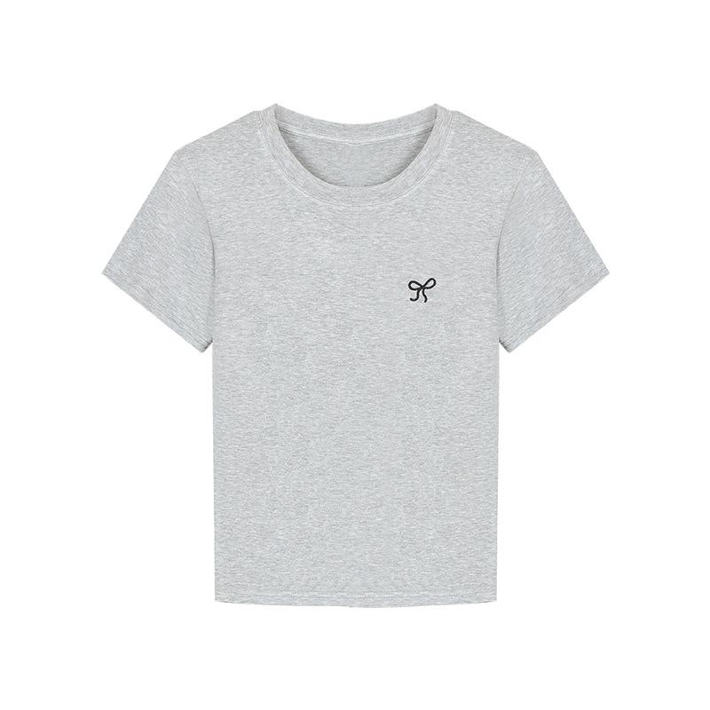 Bow Embroidered Short Sleeved T-shirt for Women In Summer Slim Fit Shoulder Up Student Round Neck Bottom Top Shirt