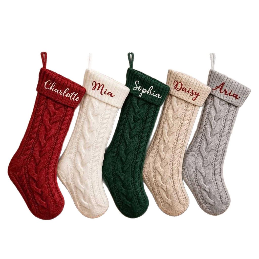 Large Knitted Wool Christmas Stocking with Embroidery - Rhombus Candy Bag Ornament