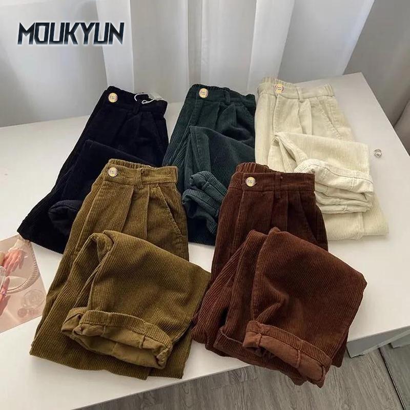 Retro cordfløyelbukser med høy midje Kvinner Vår Høst Rett Uformell bukser i full lengde Koreansk mote Baggy All Match Black Pant Plus Size