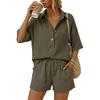 Women Casual Two Piece Set Lightweight Button Down Shirt and Drawstring Waist Shorts Relaxed Fit Summer Outfit