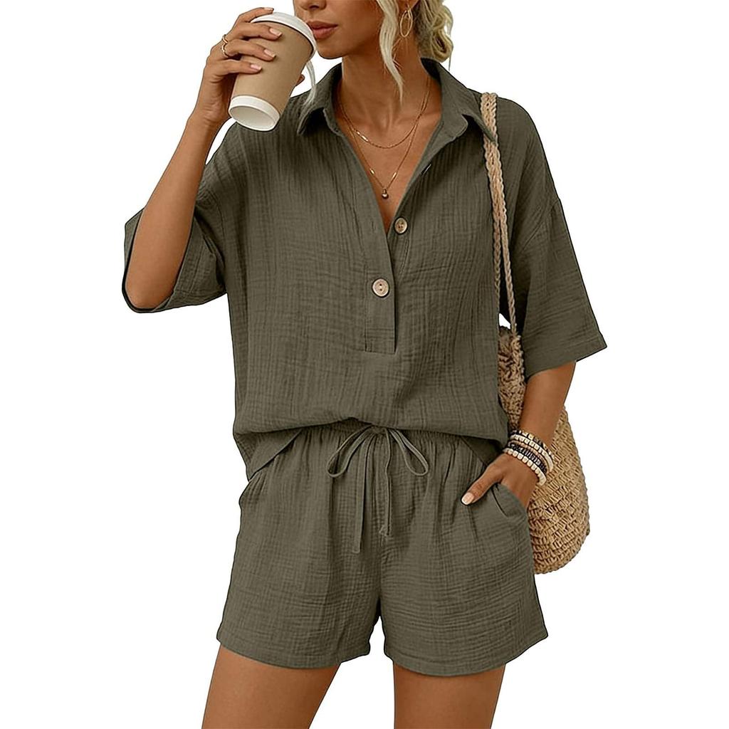 Women Casual Two Piece Set Lightweight Button Down Shirt and Drawstring Waist Shorts Relaxed Fit Summer Outfit