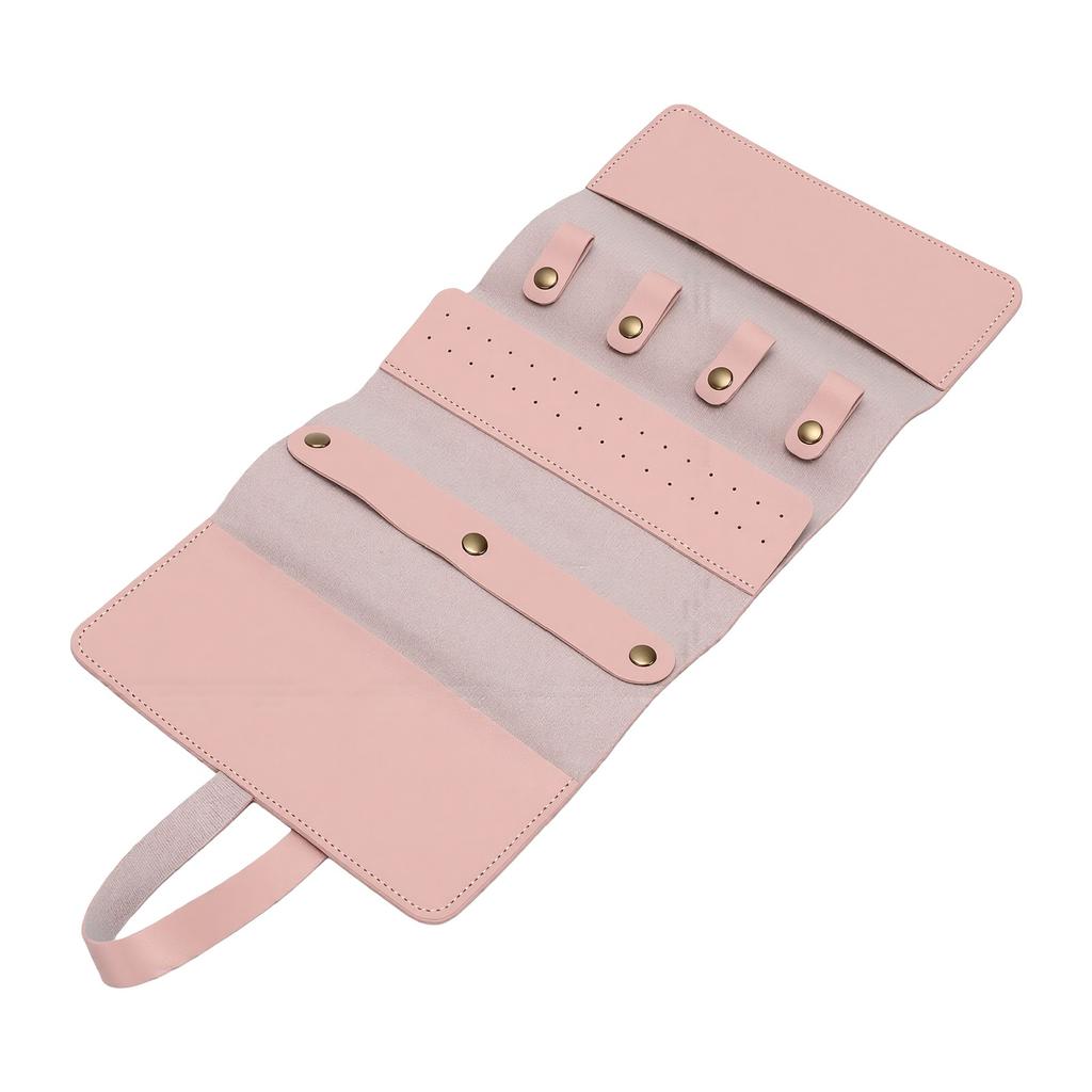 Travel Jewelry Bag Roll PU Leather Roll Up Jewelry Pouch with Multiple Pockets Pink