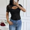 Women European American Sexy Mesh Perspective Hollow Out Stand Collar Short Sleeve Floral T Shirt