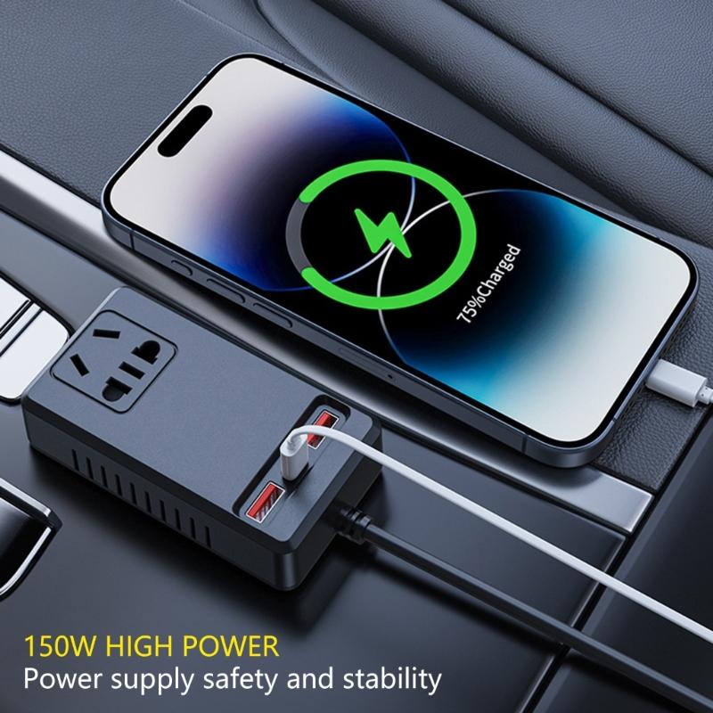 150W Kfz-Stromrichter mit 4 USB-Anschlüssen Schnellladefunktion für Camping, Roadtrips, Fahrzeuge, Spannungsdetektionswerkzeug