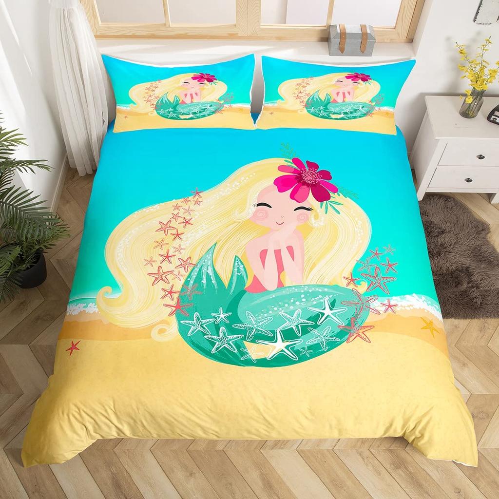 Meerjungfrau Bettwäschebezug Cartoon Meerjungfrau Bettwäsche Set Oktopus Bettbezug Für Kinder Jungen Mädchen Koralle Tief Tier Kinderzimmer Deko