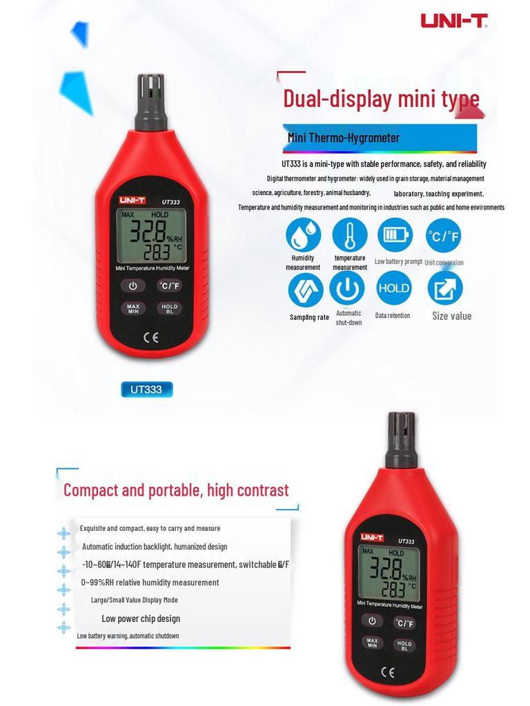 Uni-T UT333 Digital Indoor/Outdoor Handheld Thermohygrometer for Industrial, Agricultural, and Household Use