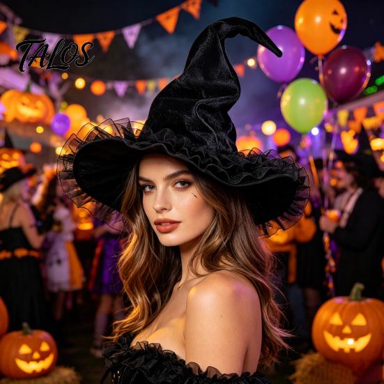 Non-itchy Halloween Hat Women's Large Ruched Witch Hat, Felt Wizard with Photo Prop Ruffle/Flowers/Mesh, Adults Cosplay Costume for Party, Masquerade