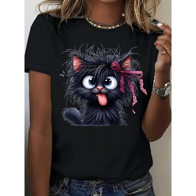 

European Size Womens Bow Print Short Sleeve T Shirt Elegant Sweet Cute Loose Fit Lightweight Breathable Vacation Commuting Party Home Wear 4XL чорний