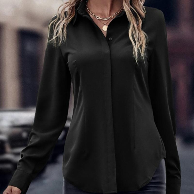 

Модная однотонная свободная повседневная женская рубашка на пуговицах с отложным воротником и длинным рукавом, блузки, топы, офисные женские облегающие элегантные женские рубашки, новинка 26397 XL чёрный