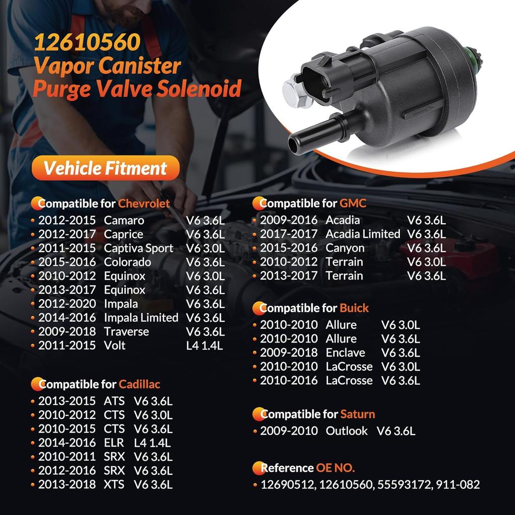 Vapor Canister Purge Valve Solenoid EVAP Compatible For Chevy Equinox, Camaro, Colorado, Traverse, Impala Volt & GMC Acadia, Terrain, Canyon & Buick