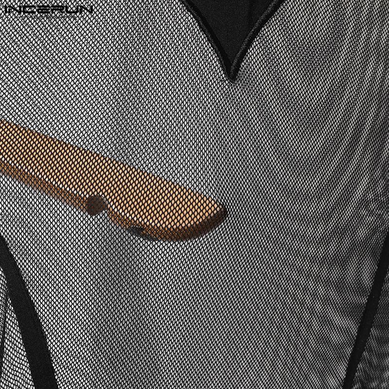 INCERUN Men Sleeveless Mesh Patchwork Printed Briefs Jumpsuits Bodysuits